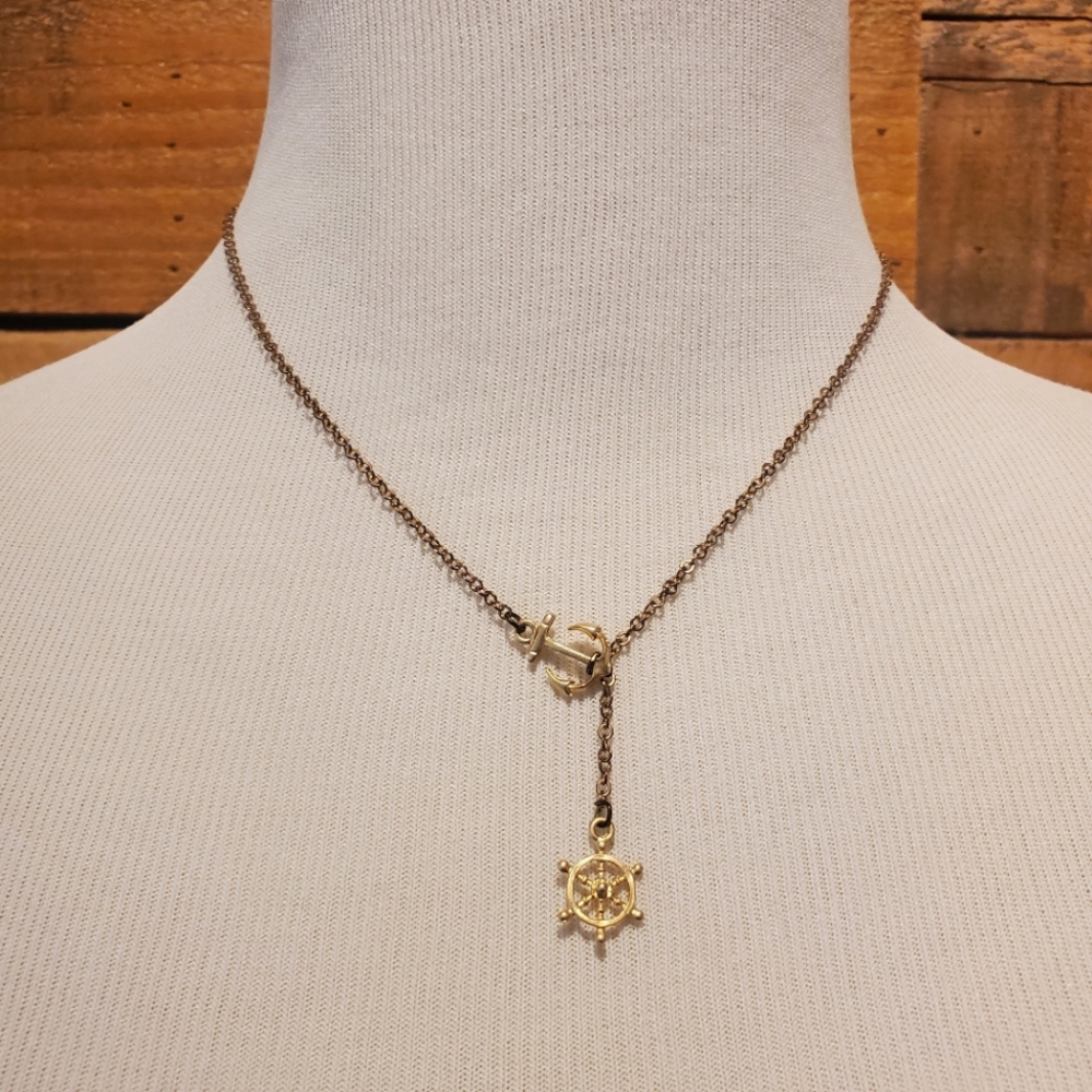 Antiqued goldtone Anchor and Ship's Wheel necklace